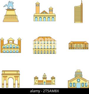 Milan Italy city skyline icons set. Outline illustration of 9 Milan Italy city skyline vector icons thin line color flat on white Stock Vector