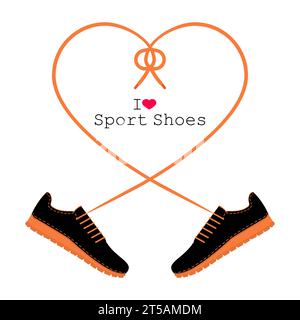 A pair of sneakers and a heart shaped shoelaces. A pair of gym shoes with long laces. I love sport shoes. Isolated vector illustration. Stock Vector