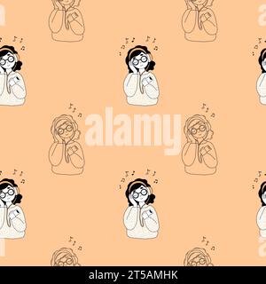Seamless pattern with musical girl in headphones on orange background. Vector illustration. Outline, hand drawn doodle style Stock Vector