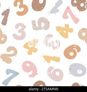 Seamless pattern cute numbers in cartoon style for kids. Stick figures with stars cute background. Pastel print one, two, three, four, five, six, sit, Stock Vector