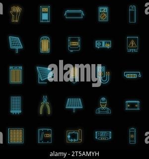 Solar energy equipment icons set. Outline illustration of 25 solar energy equipment cargo vector icons neon color on black Stock Vector