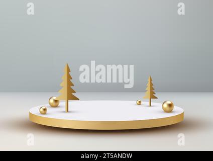 3D realistic white and golden Christmas podium. a new year festive gray background with gold balls and pine tree paper art style. Perfect for Christma Stock Vector