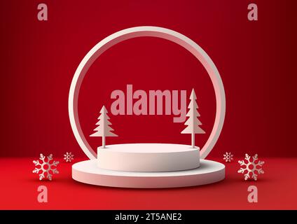 3D realistic white Christmas podium. a new year festive red background with white snowflakes and pine tree paper art style. Perfect for Christmas prod Stock Vector