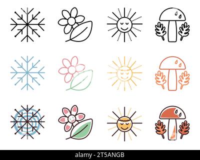 Four seasons icon set, vector signs of winter, spring, summer and autumn, black line, color and groovy style pictograms Stock Vector