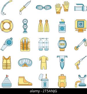 Snorkeling supplies icon set. Outline set of snorkeling supplies vector icons thin line color flat on white Stock Vector