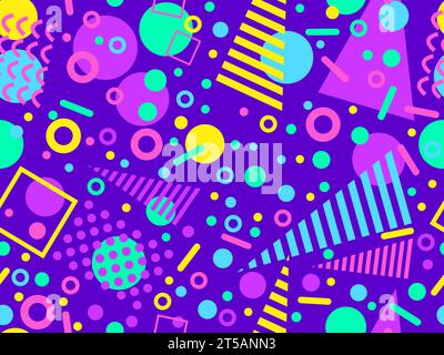 Memphis seamless pattern with geometric shapes in 80s and 90s style. Geometric shapes of different shapes and colors. Design of promotional products, Stock Vector