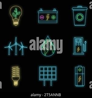 Save energy icon set. Outline set of save energy vector icons neon color on black Stock Vector