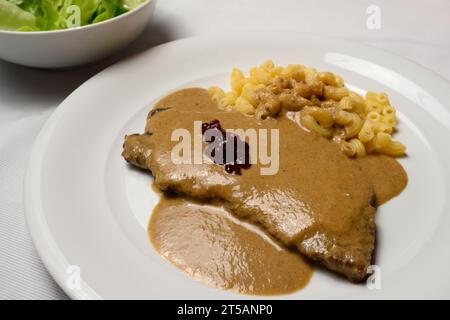 Beef Escalope or Rindsschnitzel with Sour Cream Sauce, Pasta and Cranberry Preserve Austrian Style Stock Photo