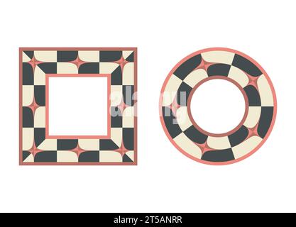 Frames set, checkerboard texture, stars abstract design. Circle, square shape background. Black, white, red, vintage colours palette, retro style Stock Vector