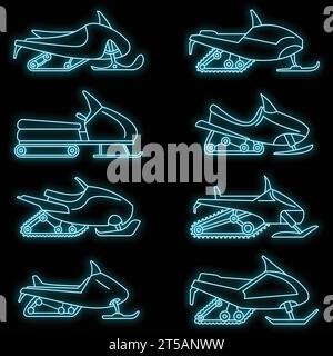 Mountain snowmobile icon set. Outline set of mountain snowmobile vector icons neon color on black Stock Vector