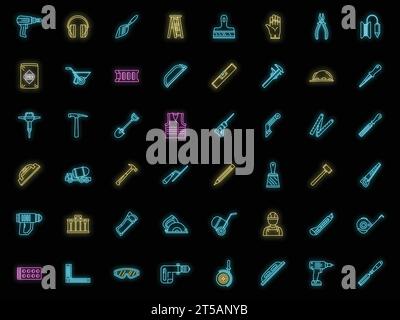 Masonry worker construction icon set. Outline set of masonry worker construction vector icons neon color on black Stock Vector