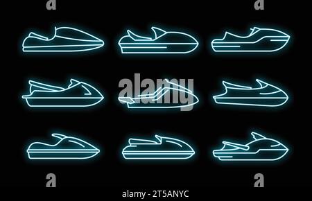 Race jet ski icons set. Outline set of race jet ski vector icons neon color on black Stock Vector
