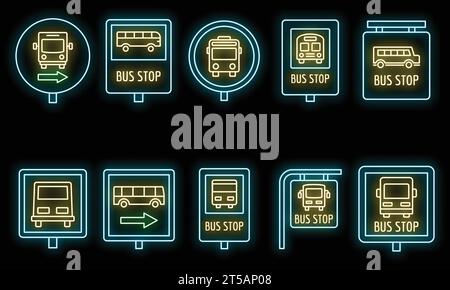 City bus stop sign icon set. Outline set of city bus stop sign vector icons neon color on black Stock Vector