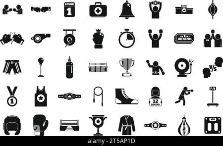 Boxing tournament icons set simple vector. Academy battle club. Glove fighter kick Stock Vector