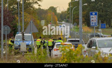 Police check at the Polish border to combat illegal immigration Stock Photo