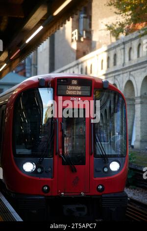 31 Oct 2023 - LondonUK - Front of a tube london underground train on district circle line Stock Photo