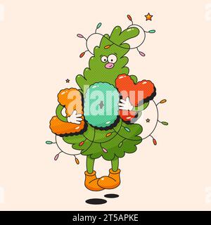 Christmas groovy mascot tree character with letters Joy and garland ...