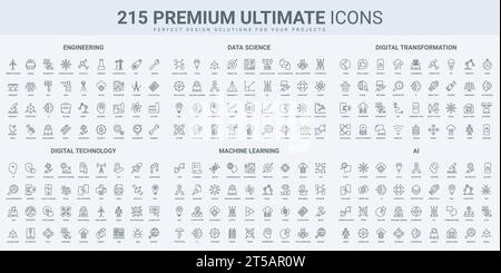 AI and smart technology, science research and machine learning thin black line icons set vector illustration. Outline symbols of data analysis automation and protection, robot and neural network Stock Vector