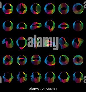 Sound smooth waves of shapes of different shapes, Set Equalizer rainbow color gradient. Vector geometric shapes isolated on black background Stock Vector