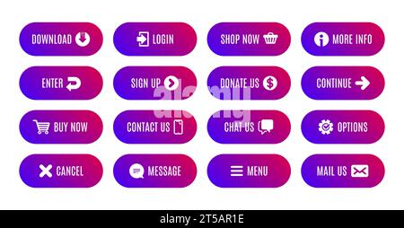 Action buttons. Submit message, continue, contact us vector icon. Download action, sign up, shop now. Game navigation ui design with icons. Vector Stock Vector