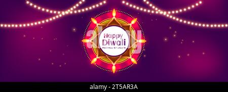 Illustration of Diwali festival celebration banner with beautiful mandala, illuminated oil lamps and decoration of hanging lights on dark background. Stock Vector
