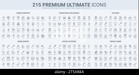 Smart house system, control access, furniture and home repair service thin black line icons set vector illustration. Outline symbols of maintenance and chefs tools, bedroom and kitchen, garage Stock Vector