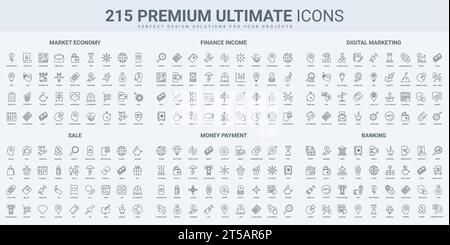 Ecommerce and sales, money payment and tax, economy and profit thin black line icons set vector illustration. Outline financial collection of accountant, budget balance and savings, marketing symbols Stock Vector