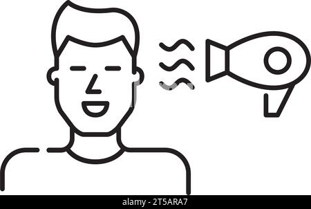 Man drying his hair with a hairdryer. Pixel perfect, editable stroke Stock Vector