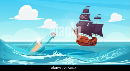 Bottle with message about treasure floating out to sea towards pirate ship vector illustration. Cartoon parchment letter with secret map inside closed glass jar and old corsair boat with guns in waves Stock Vector