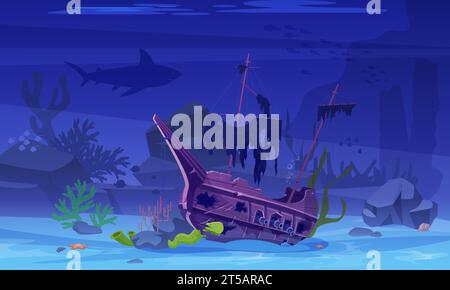 Sunken pirate ship on sea or ocean bottom vector illustration. Cartoon underwater shipwreck scene of boat on seabed and abstract silhouettes of marine creature, school fish and undersea coral Stock Vector