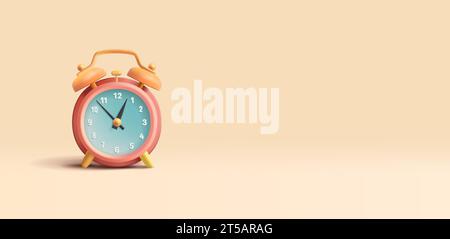 Orange classic 3d alarm clock with detailed analog clockface with numbers and arrows. Time to do business. deadline Stock Vector