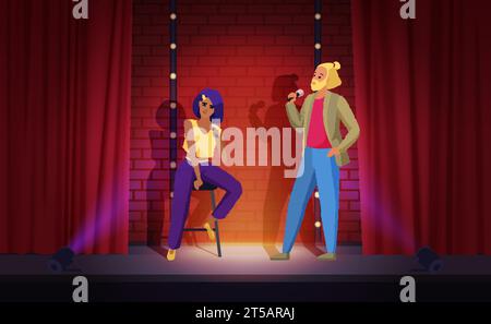 Stand up comedy concept with male and female comedians vector illustration. Cartoon couple of comics perform speech show on stage in spotlight, man standing, woman sitting on chair with microphone Stock Vector