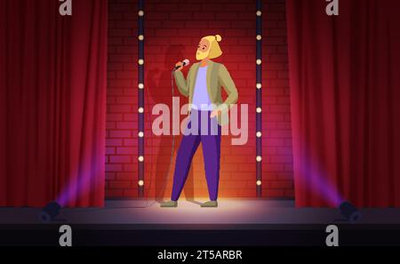 Stand up comedy show on stage with male comedian vector illustration. Cartoon funny man with beard holding microphone to speak, perform jokes, comic person standing in spotlight by red curtains Stock Vector