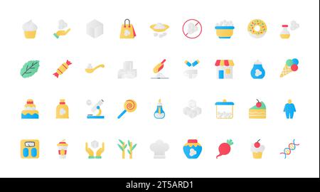 Sugar flat icons set vector illustration. Pictograms of brown or refined sugar products and sweetener, pile of cubes and open sachet pack with sand or powder, candy and cake for coffee. Stock Vector