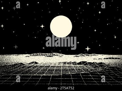 Retro dotwork landscape with 80s styled sun, grid mountains and stars background from old sci-fi book or poster. Stock Vector