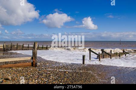 Wooden Groynes protect the beach at Hornsea on the East Yorkshire Coast. Stock Photo