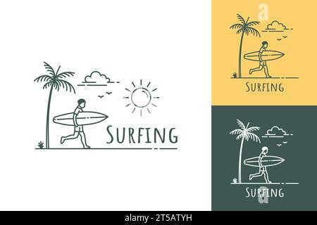 Simple illustration of surfer running with surfboard on tropical beach with text surfing Stock Vector