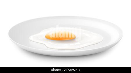 Plate with delicious fried egg, isolated on white background. Realistic 3D vector illustration. delicious breakfast, side view Stock Vector