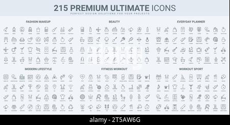Active healthy life and work, fitness and makeup, shopping, wellness thin black line icons set vector illustration. Outline symbols of everyday routine, daily lifestyle and beauty care, sport and diet Stock Vector