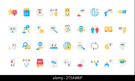 Language learning flat icons set. Language study and acquisition symbols, books and dictionaries, speech bubbles, online courses, and multilingual communication tools. Stock Vector