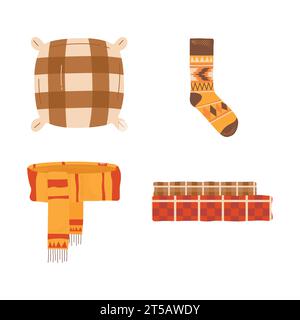Autumn hand drawn clipart collection. Autumn clothing elements - plaid, scarf, pillow and sock . Cozy icons. Stock vector designs Stock Vector