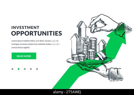 Human hand holding tray with stack of coins, gold, arrows. Hand drawn vector sketch illustration. Investment, saving money and finance growth business Stock Vector