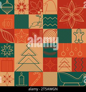 Christmas and winter holidays seamless pattern with simple graphic line icons Stock Vector
