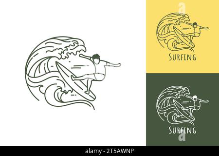 Ocean wave surfing line art logo with man surfing on rolling ocean wave Stock Vector