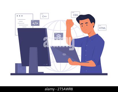 Programmer Man Process Coding with Computer for Software Development Concept Illustration Stock Vector