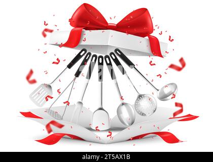 Set of kitchen cooking utensils in an open gift box. Soup ladles, kitchen Spatula, Potato Masher, Skimmer Spoon, meat fork, 3d realistic mockup vector Stock Vector