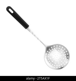 Stainless Steel Round Kitchen Skimmer or Skimmer Spoon Isolated on White Background, Skimming Ladle with black handle. Realistic 3D vector illustratio Stock Vector