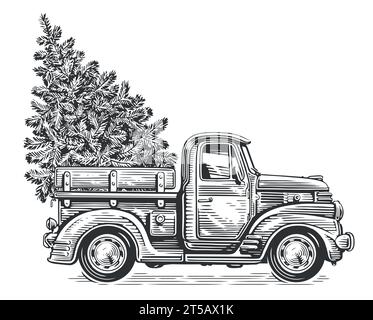 Christmas retro truck with pine tree in sketch style. Hand drawn vintage vector illustration Stock Vector