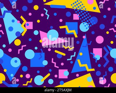80s seamless pattern with geometric shapes in memphis style. Circles and triangles. Colorful abstract background for printing on promotional items, ba Stock Vector