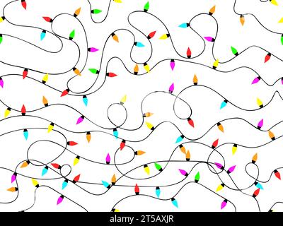 Christmas glowing garland seamless pattern. Colorful Christmas lights on a white background. Christmas tree garland with red, green and blue LEDs. Des Stock Vector